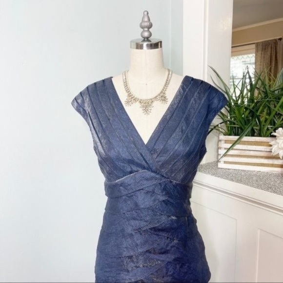 Adrianna Papell Blue Satin Shutter Pleat Tiered Layered Sheath Dress 4 - Picture 4 of 10